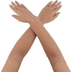 Women's Tan Evening Rhinestone Long Sleeves Arm Elbow Length Party Gloves